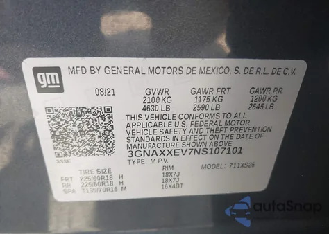 2022 Chevrolet Equinox Awd Premier из США, поврежденный, VIN 3GNAXXEV7NS107101